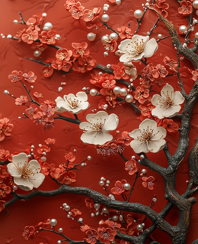 红底桃枝珍珠图