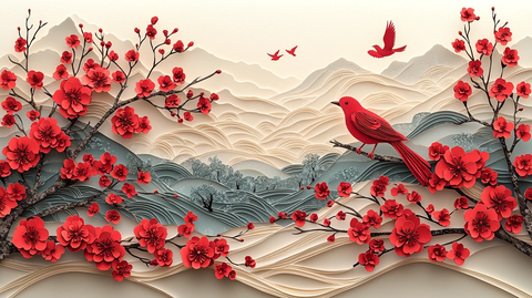 吉庆花鸟纸雕图