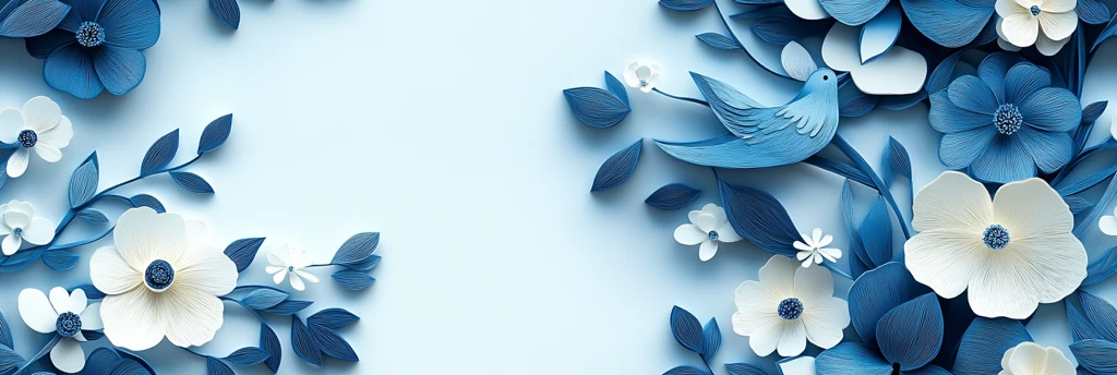 蓝白花朵剪纸鸟