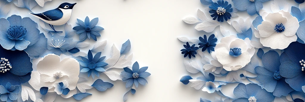 蓝白花朵剪纸鸟