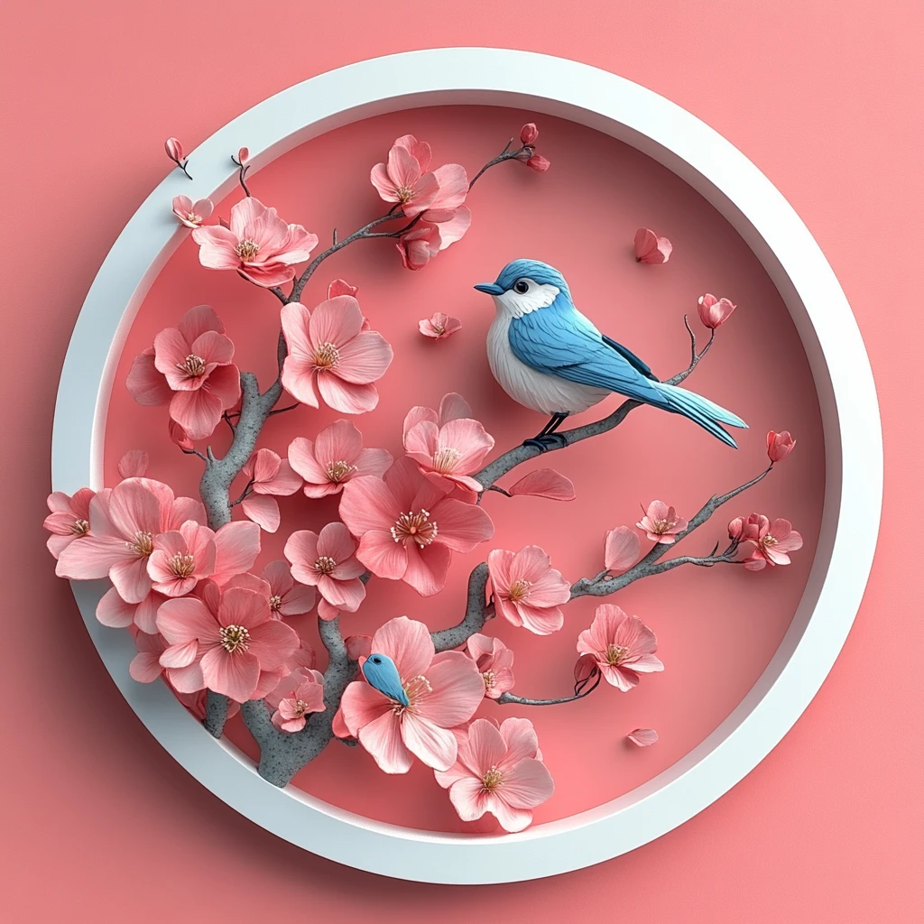 粉色蓝色花鸟石雕