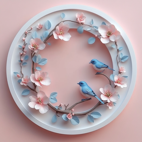 粉色蓝色花鸟石雕