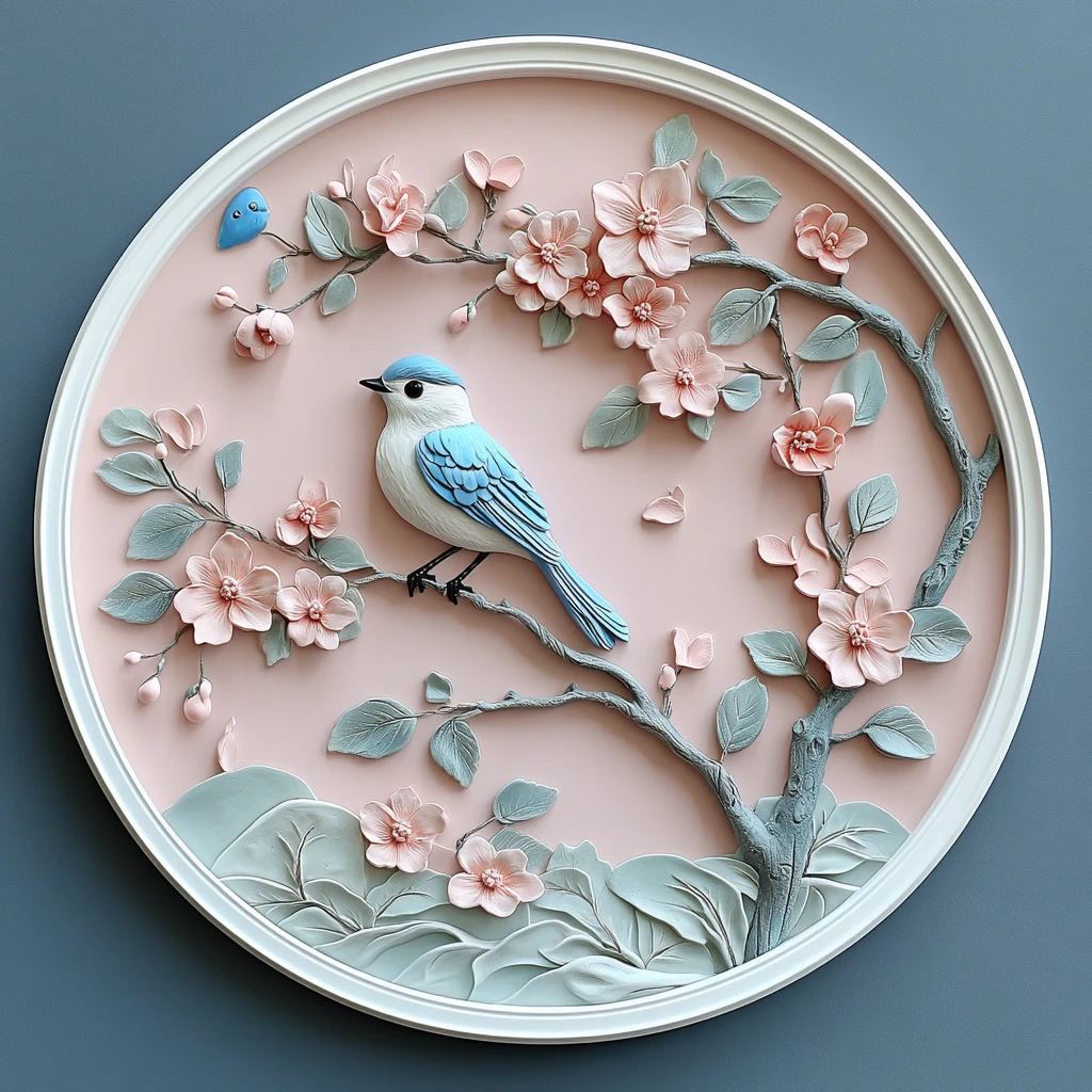 粉色蓝色花鸟石雕