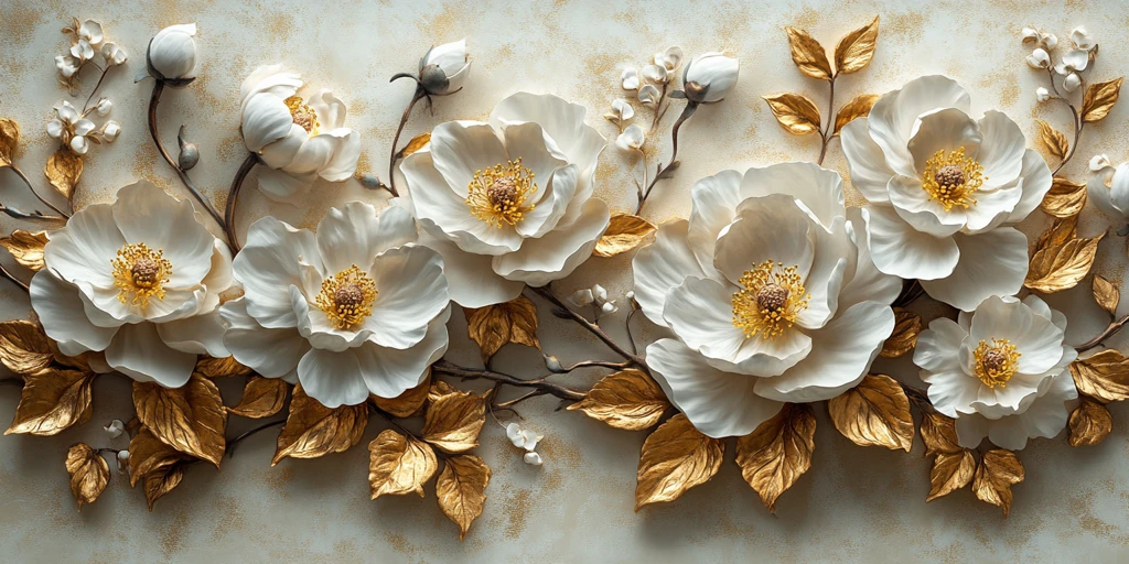 白牡丹金叶墙画
