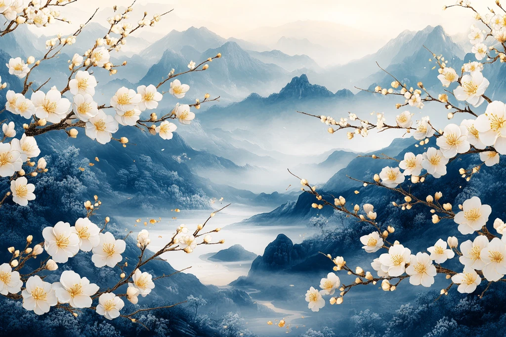 青花茉莉山水瓷瓶