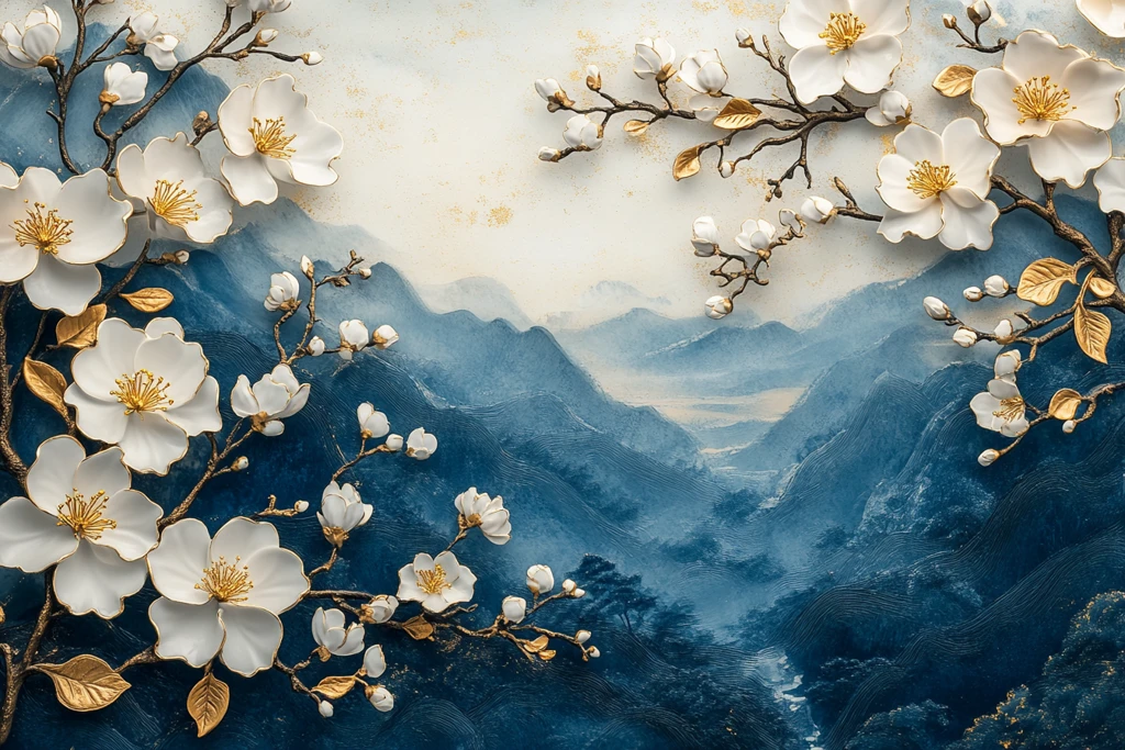 青花茉莉山水瓷瓶