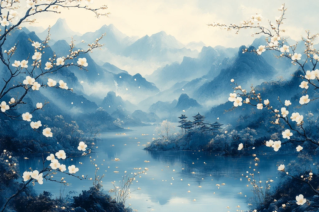 青花茉莉山水瓷瓶