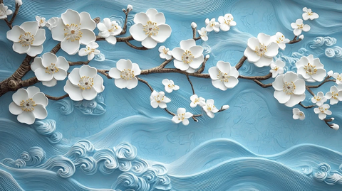 蓝色波浪白花枝