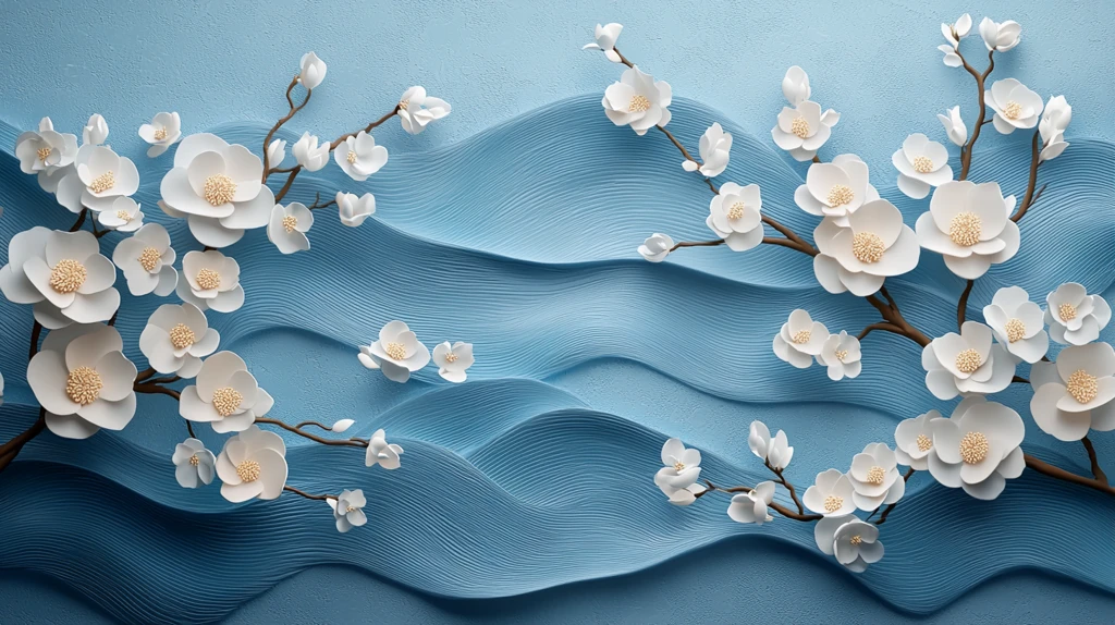 蓝色波浪白花枝