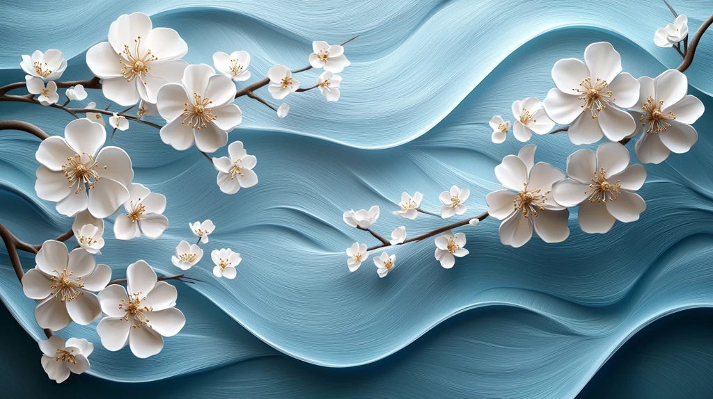 蓝色波浪白花枝