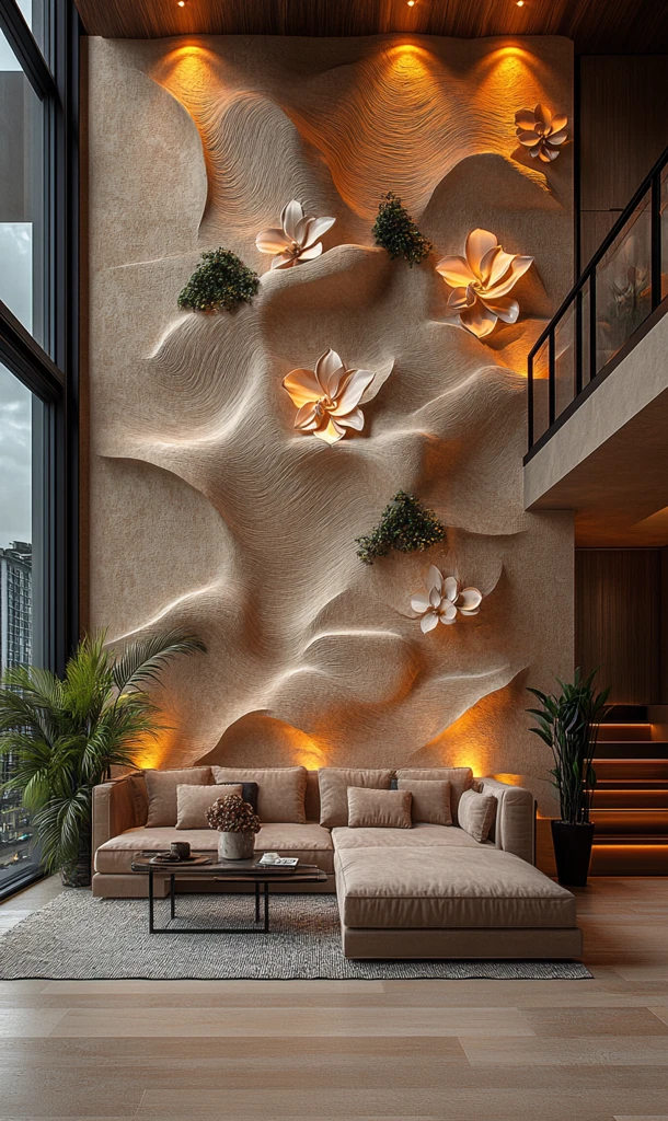 兰花浮雕墙前品茶