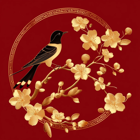 喜鹊梅花金纹装饰