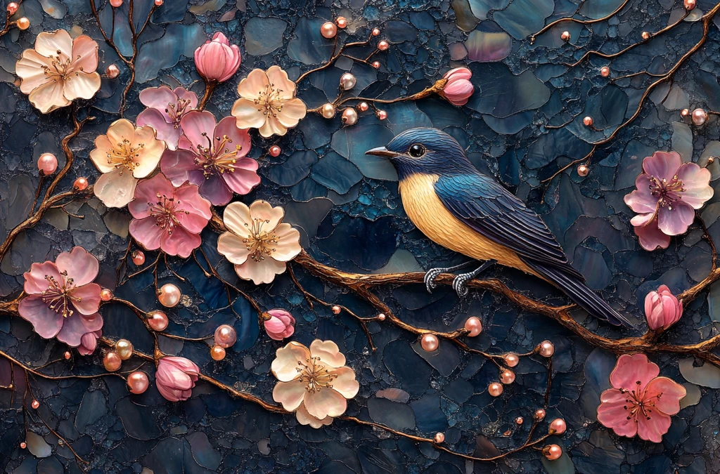 紫黑花鸟螺钿细工