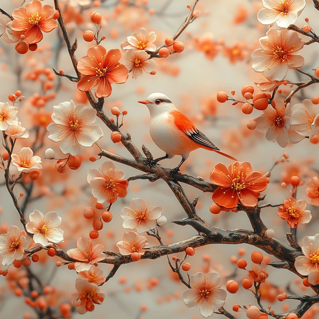 白橙梅花金枝鸟纹