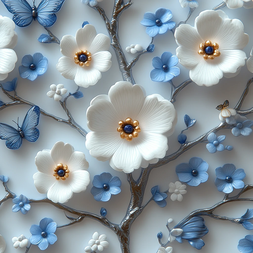 白蓝花蝶龙纹墙纸