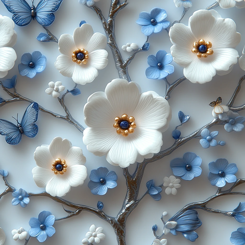 白蓝花蝶龙纹墙纸