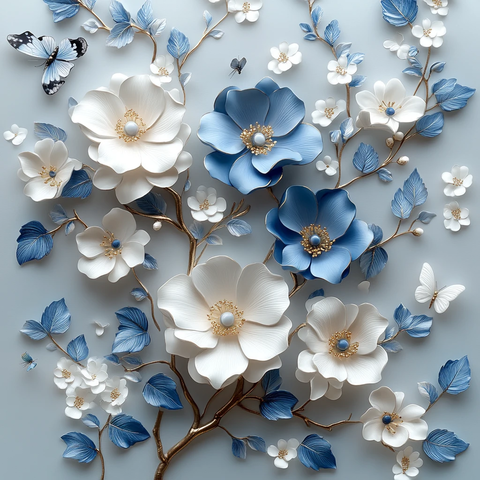 白蓝花蝶龙纹墙纸