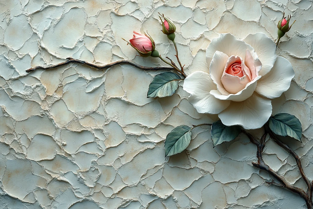 白石灰墙玫瑰枝