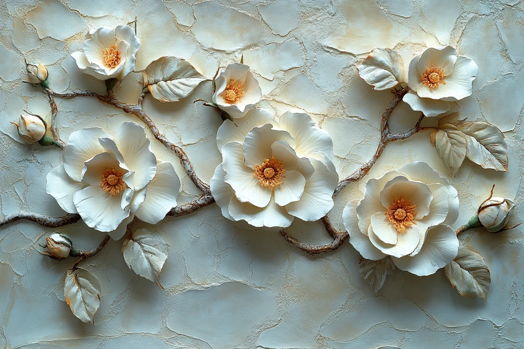 白石灰墙玫瑰枝