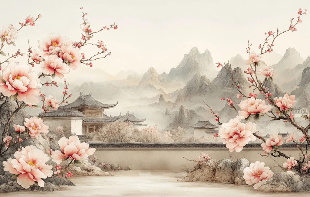 庭院石墙牡丹图