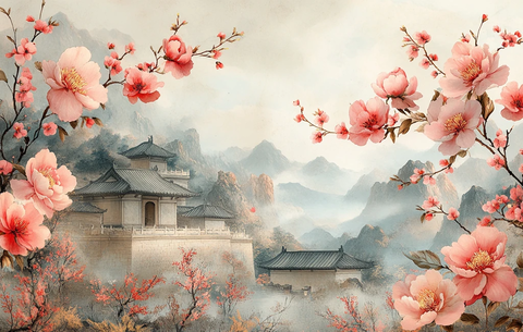 庭院石墙牡丹图