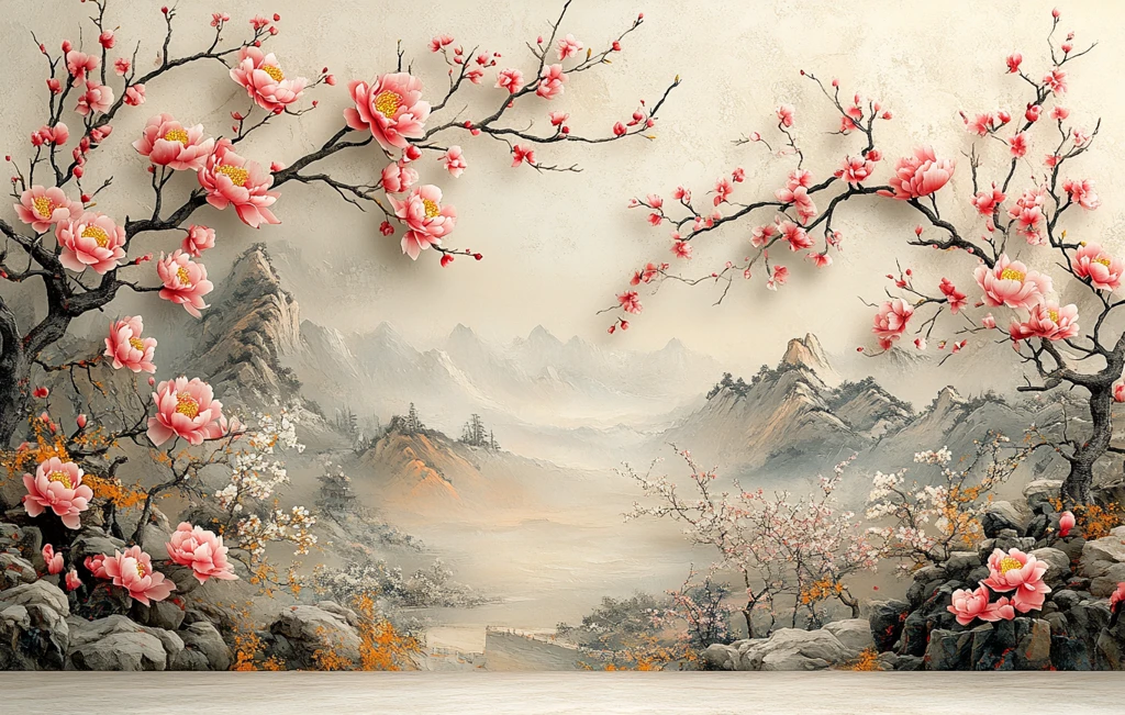 庭院石墙牡丹图