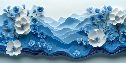 蓝色剪纸花卉