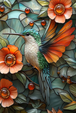 蜂鸟与花玻璃画