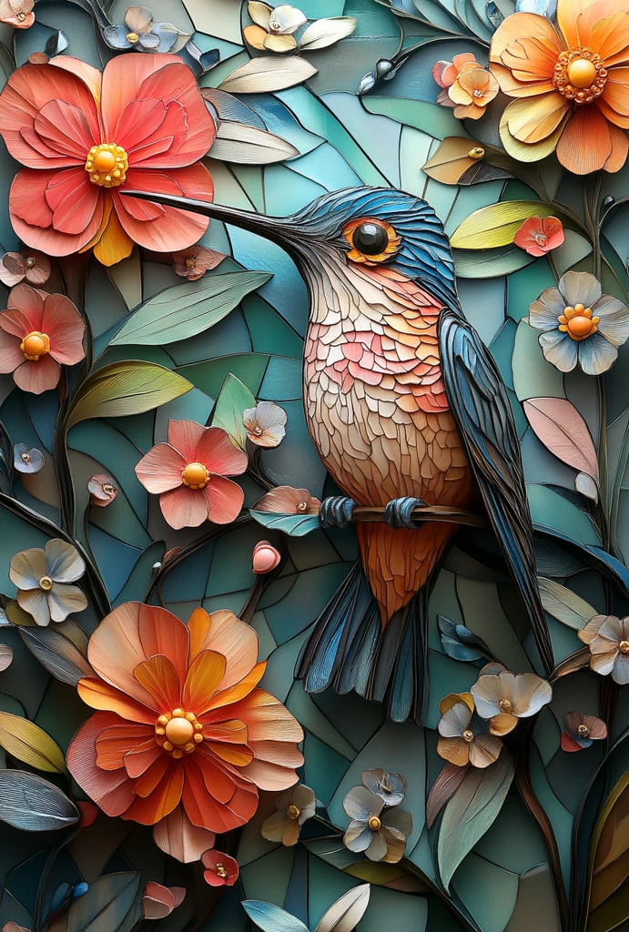 蜂鸟与花玻璃画