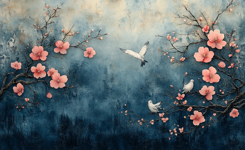 蓝底花鸟水彩图