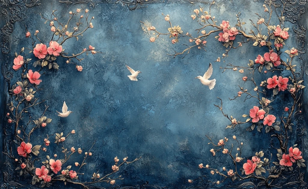 蓝底花鸟水彩图