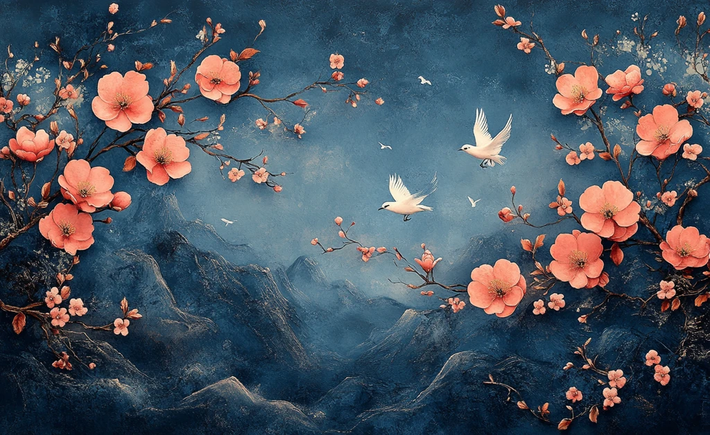 蓝底花鸟水彩图