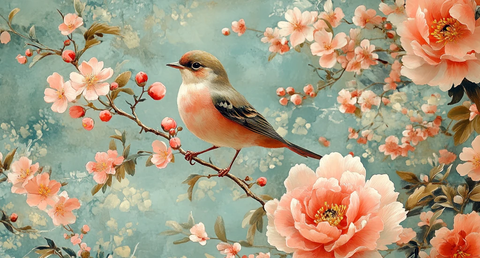 粉色牡丹花鸟图案