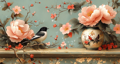 粉色牡丹花鸟图案