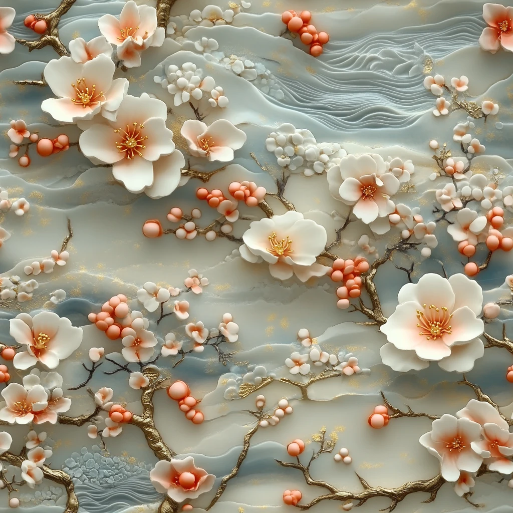 瓷瓶花开水纹图