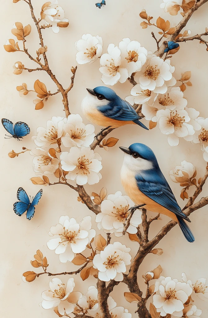 白花蓝鸟墙纸图案