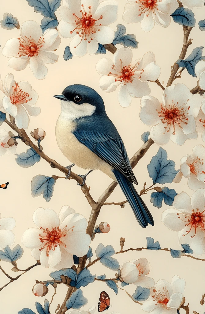 白花蓝鸟墙纸图案