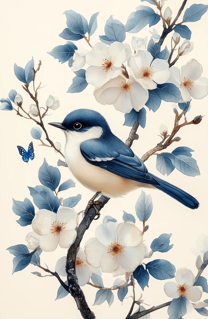 白花蓝鸟墙纸图案