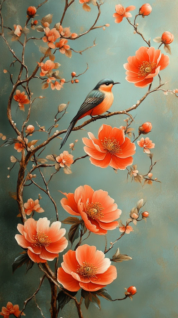 鸟与牡丹丝绸背景