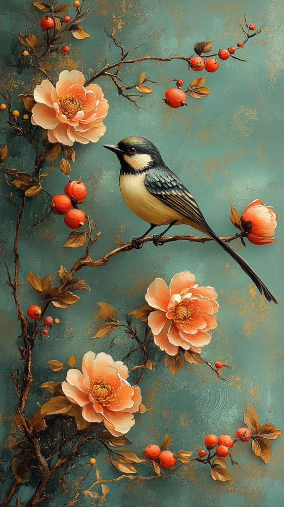 鸟与牡丹丝绸背景