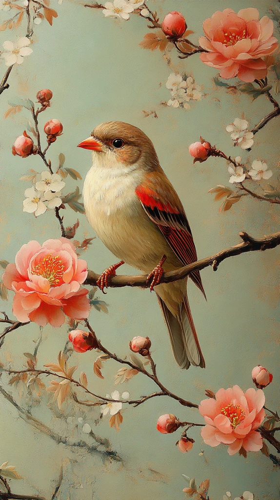 鸟与牡丹丝绸背景