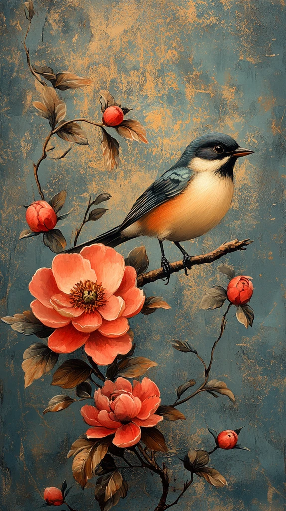 鸟与牡丹丝绸背景