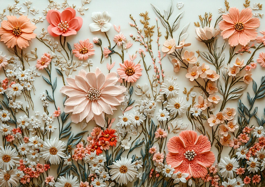 粉色花卉刺绣面料