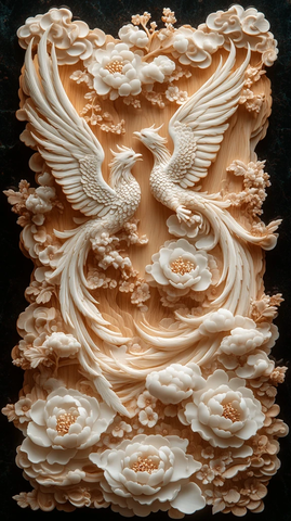 两凤凰祥云牡丹雕刻