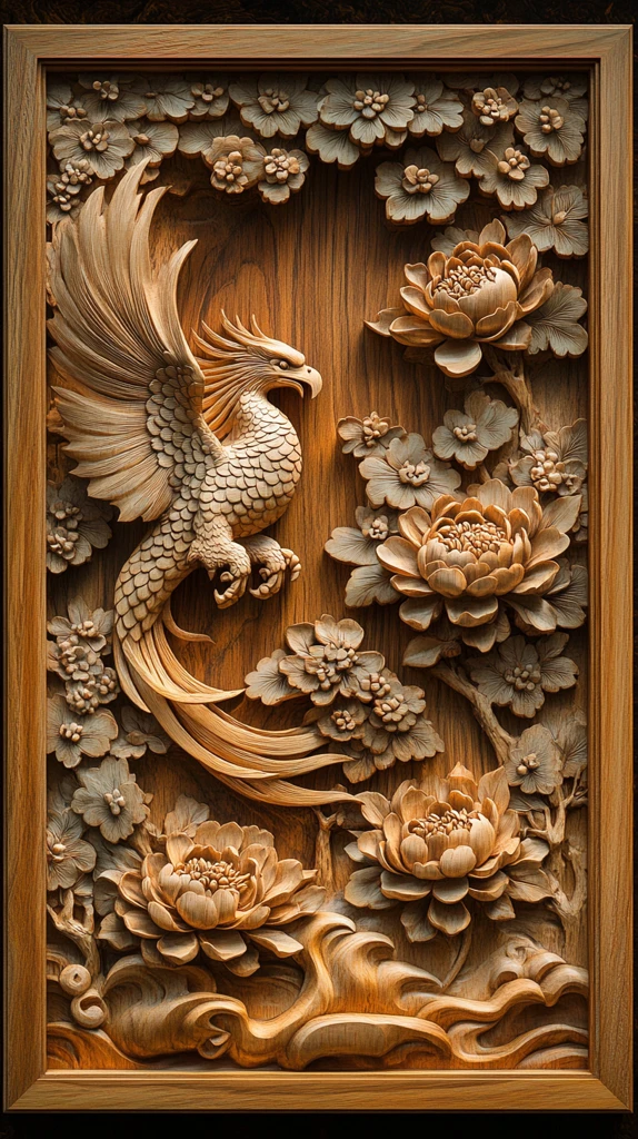 两凤凰祥云牡丹雕刻