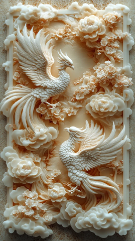 两凤凰祥云牡丹雕刻