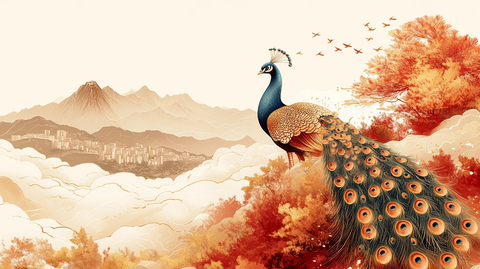 金线孔雀云纹图