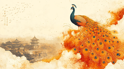 金线孔雀云纹图