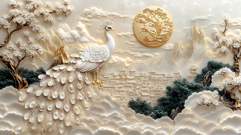 金线孔雀云纹图