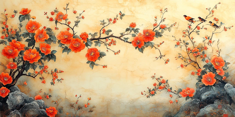 橙色背景花鸟墙挂